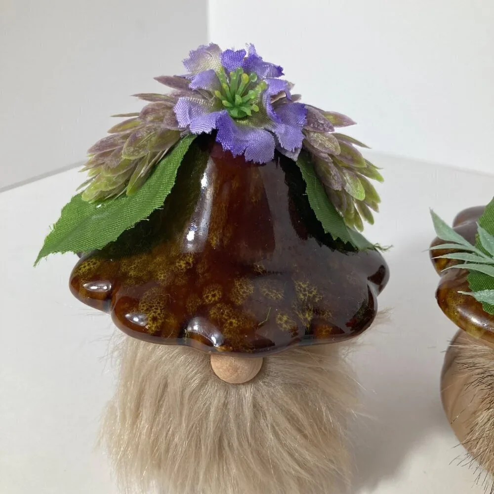 Ceramic Mushroom Gnomes Fairy‎ Flower Garden -2 Brown Purple Orange 3 x 4